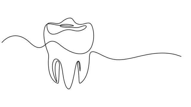 Video. Continuous one line drawing of human teeth animation. Full length single line art 4k animation,  Campaign advertisement. Take care of the teeth. World Oral Health Day. Animated self drawing.