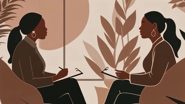 Two women chat in a trendy office with botanical decor. Perfect for business presentation slides or fashion editorial layouts.
