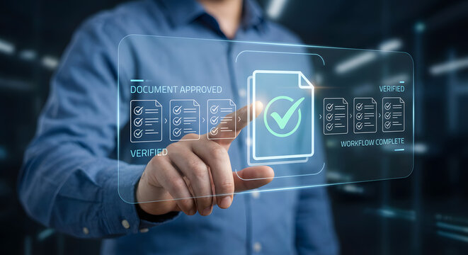 businessman interacting with digital document verification interface - Powered by Adobe