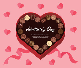 Valentine's Day greeting card with a heart-shaped box filled with various chocolate truffles on a pink background with hearts and ribbons. Perfect for romantic gifts and holiday promotions.
