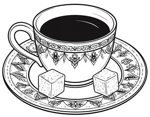Ornate line drawing of a cup of black coffee with two sugar cubes on a decorative saucer