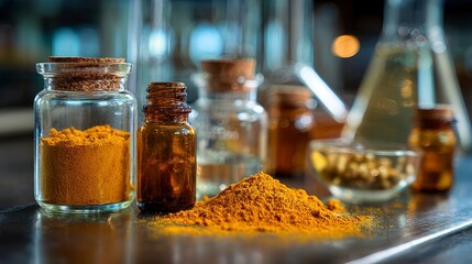 Laboratory setting featuring glass vials filled with various powders and liquids, focus on a yellow powder