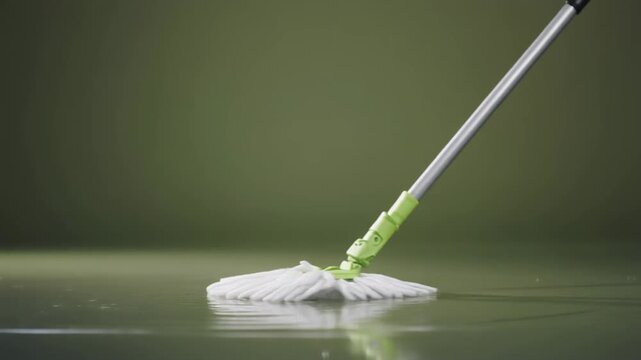 White mop with silver handle on shiny surface. Suitable for cleaning supply or household concept designs and advertisements.