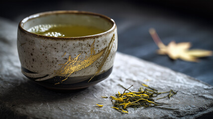 和紙の上の抹茶碗に温かい煎茶と柚子皮を浮かべた静物