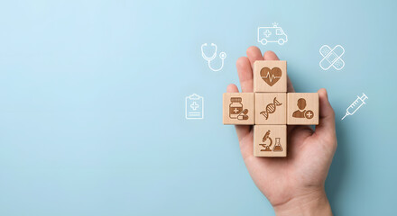 healthcare, medical icons on wooden blocks