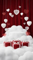 Valentine's Day Romantic 3D Scene with Hanging Heart Decorations, Red Gift Boxes on Soft Clouds and Love Background for Celebration and Greeting Design. Vertical bg