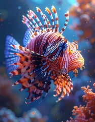 Ornate lionfish floats in a bright, blue reef environment, with coral and glowing orbs in the background