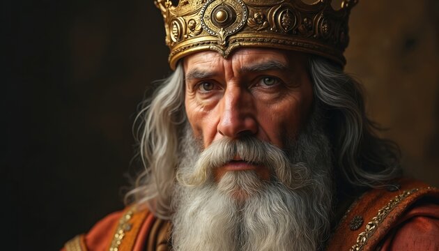 Old king with long grey beard wears golden crown and royal robe. Man has stern expression looking ahead. Biblical figure with wise eyes. Powerful leader from ancient times.