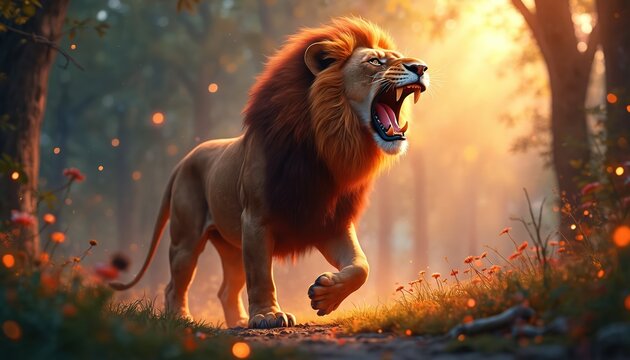 Majestic lion roars with open mouth in bright sunlit forest. Creature walks on path surrounded by flowers and glowing light orbs. Mystical nature scene unfolds with vibrant orange and green colors. - Powered by Adobe