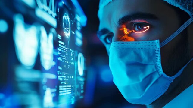A male scientist is engaged in analyzing a vast amount of complex data a futuristic cyberspace environment rich with advanced technology, contributing to groundbreaking research in biomedical fields