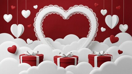 Valentine's Day Romantic 3D Scene with Hanging Heart Decorations, Red Gift Boxes on Soft Clouds and Love Frame Background for Celebration and Greeting Design.