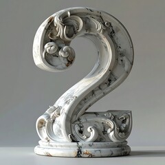 Ornate, marble-like, question mark sculpture with curling details, resting on a base. Soft, diffused lighting enhances texture
