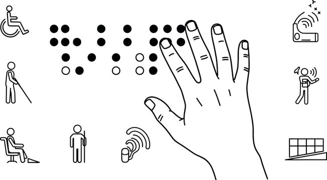 Comprehensive collection of modern accessibility and diverse disability icons featuring a hand reading braille and various assistive devices for inclusion and support - Powered by Adobe