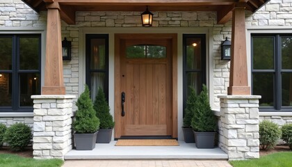 Naklejka premium Warm wooden front door with arched glass panel on stone accent wall house. Symmetrical exterior design with potted evergreen trees flanking entrance. Modern home with natural materials, curb appeal.