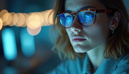 Woman wears glasses, looks intently at computer screen. Blue light reflects in her eyes, indicating focus. Soft bokeh lights in background create mood. She seems engaged in her work at night.