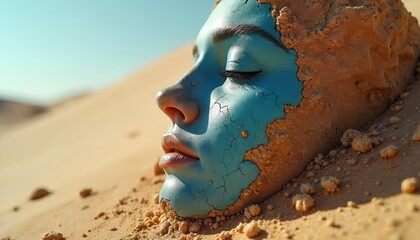Human face emerges from dry desert sand. Blue clay mask cracks, revealing skin underneath. Sun baked arid landscape. Person appears buried, transformation, duality.