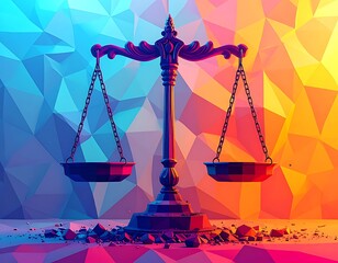 Ornate scales sit against an abstract polygonal backdrop with colorful gradients, symbolizing balance and judgment