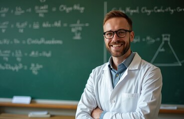 Smiling male chemistry teacher stands crossed arms in front of blackboard. Formulas and equations are written on the green board. He wears glasses and a white lab coat.