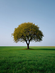 Fototapeta premium Solitary tree standing in green agricultural field with blue sky