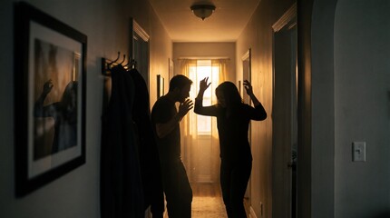 Silhouette of a couple arguing illustrative in a narrow hallway, Emotional domestic conflict illustrative, Relationship crisis and Psychological tension illustrative concept.