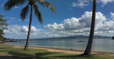 tropical beach with palm trees and dramatic cloudy sky over distant mountains in hawaii