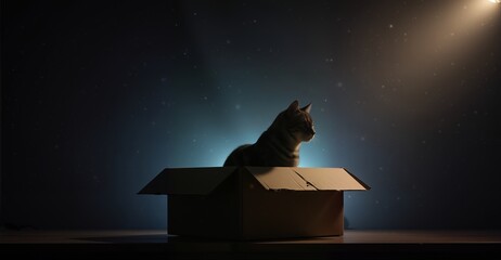 a curious tabby cat sits inside an open cardboard box illuminated by a soft spotlight against a dark, starry background.