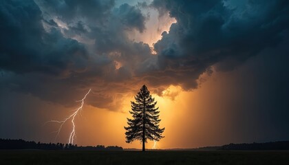 Lightning strikes tree during storm with dark clouds and orange sky. Dramatic natural phenomenon over landscape. Intense weather event illuminates the field.