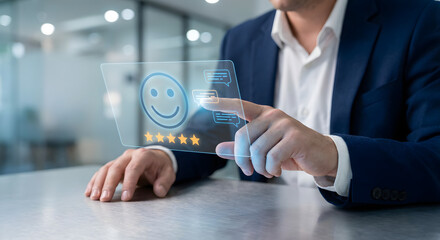 Businessman giving 5 star rating with virtual interface