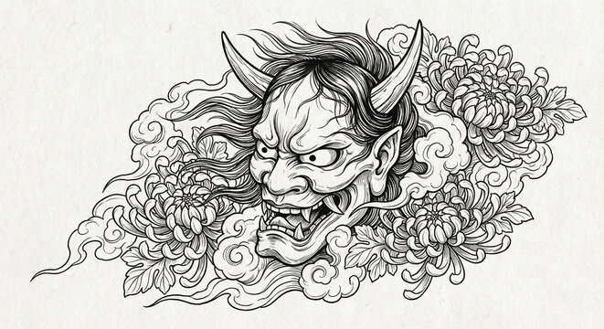 Japanese Hannya demon mask tattoo design with chrysanthemums and smoke illustration