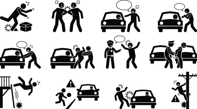 Pictograms depicting common accidents, injuries, and dangerous situations in daily life