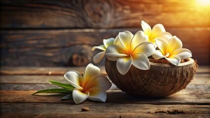 Fototapeta premium Serene tropical blossoms arranged in a rustic coconut shell bowl, bathed in warm sunlight on a weathered wooden surface