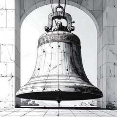 Ornate metal bell, hung within a grand archway, casting subtle shadows against a bright background