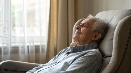 Serene senior man relaxing peacefully in a cozy armchair by a window with natural light, reflecting with a calm expression in a warm home interior symbolizing healthy aging and retirement AI generated