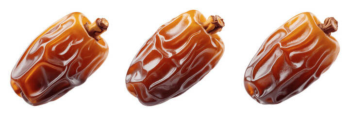 Obraz premium Three dates with stems on a transparent background for healthy eating