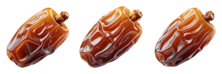Three dates with stems on a transparent background for healthy eating