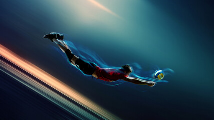 Powerful sports composition shows volleyball player diving forward to save the ball. Concept of defensive technique, reflex training, physical conditioning, coaching materials.
