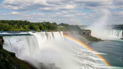 A breathtaking view of Niagara Falls with a vibrant rainbow arcing over the water