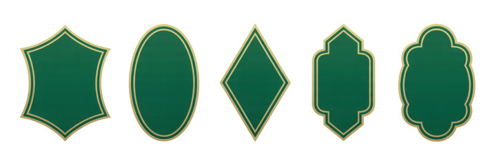 Five green shapes with gold outline on transparent background