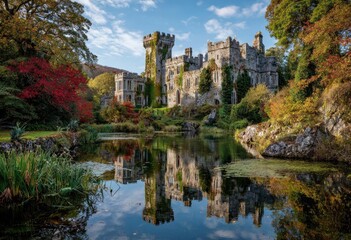 Obraz premium Ancient stone castle beside tranquil water, surrounded by colorful autumn foliage