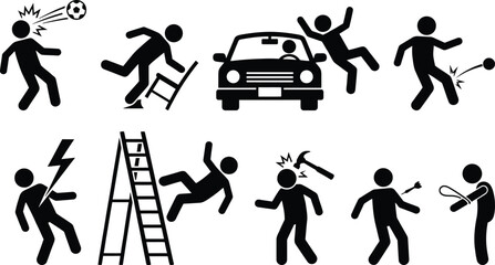 Accidents and injuries stick figure pictograms set illustrating various common hazards and dangers