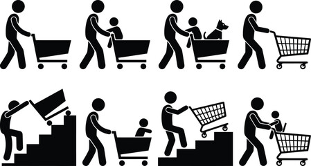 Pictograms illustrating safe and unsafe methods for pushing shopping carts, especially with children.