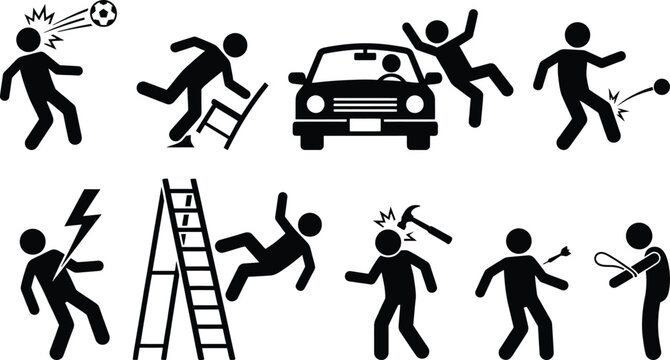 Accidents and injuries stick figure pictograms set illustrating various common hazards and dangers