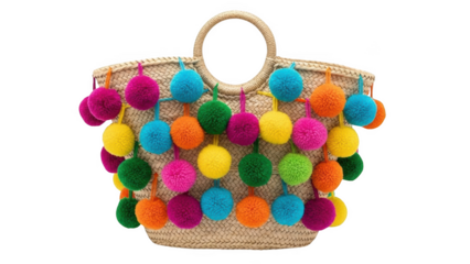 Woven straw tote bag decorated with colorful pom poms straw bag decoration