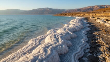 A serene landscape of salt formations along the shore of a tranquil body of water