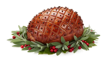 Glazed ham with cloves and festive holly for Christmas dinner