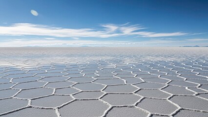 A vast expanse of hexagonal salt formations under a bright blue sky with wispy clouds