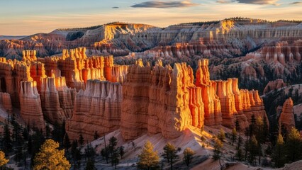 A breathtaking view of Bryce Canyon's distinctive hoodoos at sunrise with warm sunlight