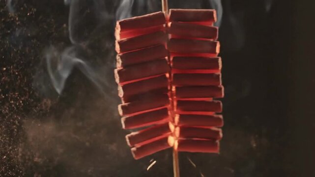 String of bright red firecrackers burning intensely with smoke and sparks creating a dramatic celebratory effect