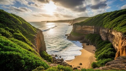 A serene beach surrounded by lush green cliffs and a cloudy sky at sunset