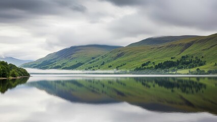 A serene lake surrounded by lush green mountains under a cloudy sky on a calm day